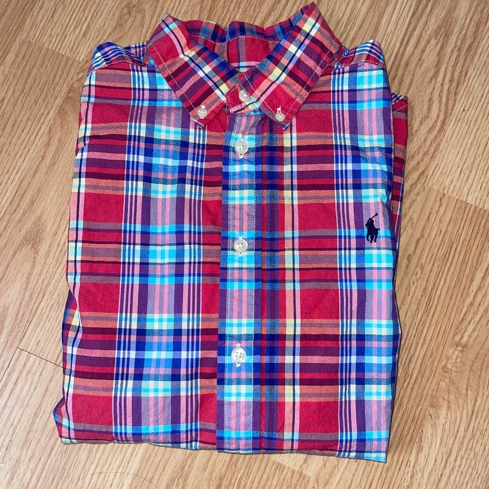 Boys Ralph Lauren Red and Blue Plaid Long Sleeve Button Down Shirt Size (14-16)